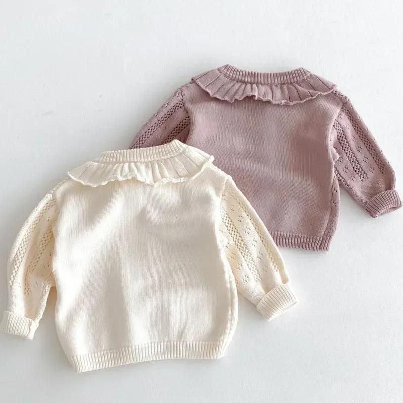 Korean Baby Girl Autumn Hollow Out Sweater Cardigan Kids Fashion Cotton Ruffle Collar Knitted Jacket Spring Solid Outerwear Coat 2