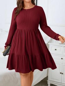 Plus Size Textured Ruffle Hem Pocket A Line Dress, Elegant Long Sleeve Round Neck Dress for Fall & Winter, Women's Clothes for Daily Vacation Party
