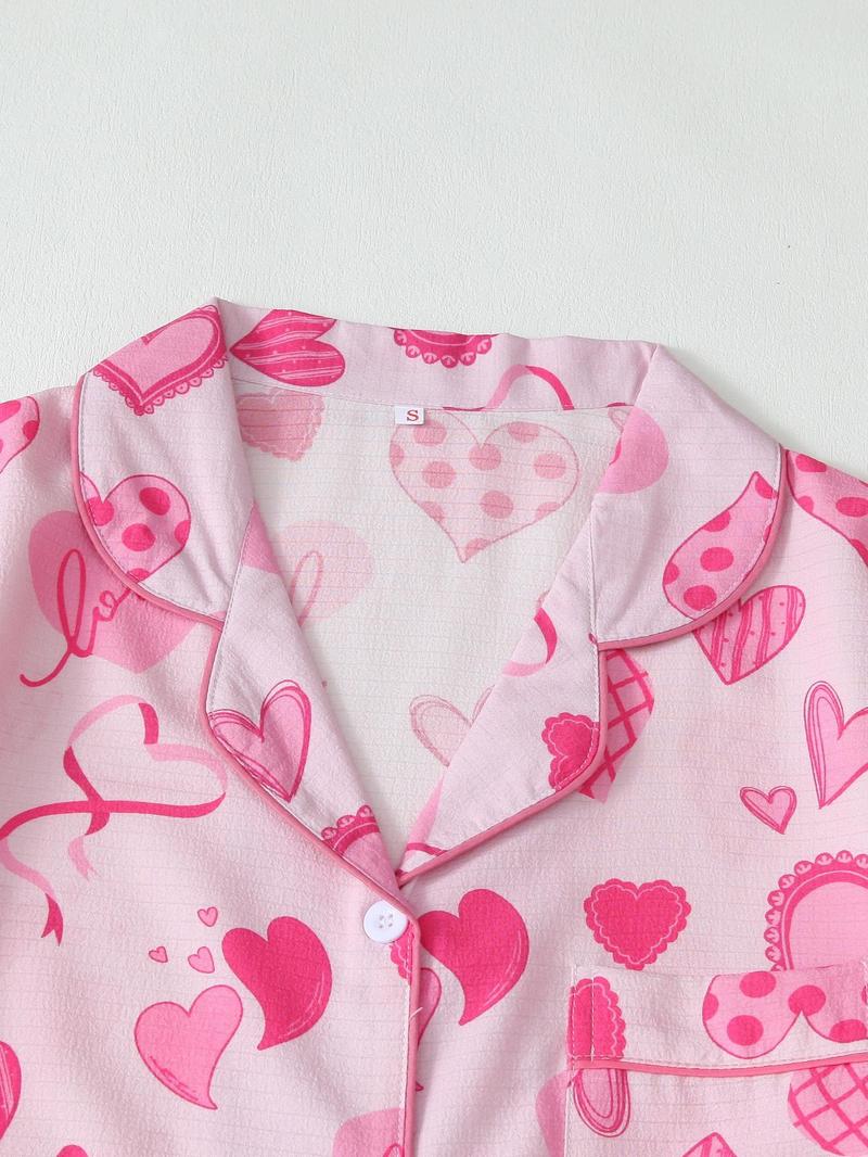Product Introduction of Three-piece Set Women's Heart Print Top & Pants & Shorts Pyjama Set, Casual Comfy Round Neck Short Sleeve Top & Trousers & Shorts Pj Set, Ladies Sleepwear for All Seasons 9