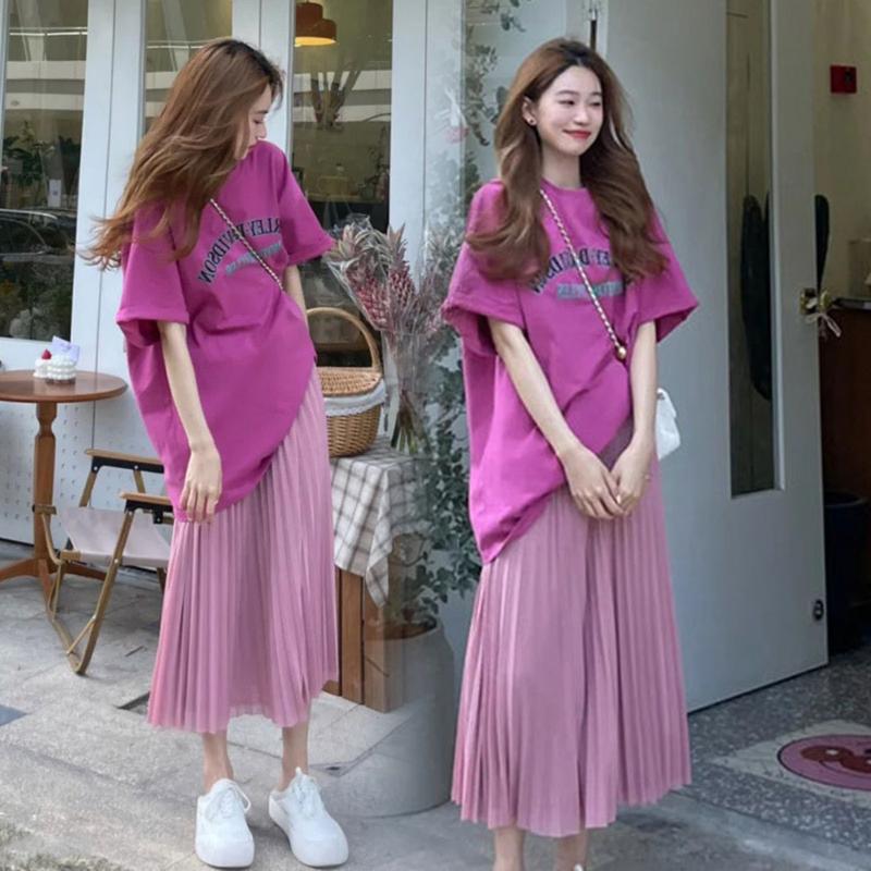 Young Mom | Set váy bầu mùa hè SET084 màu Hồng xinh xắn, áo thun + chân váy bầu vải voan form maxi dài qua gối, mát mẻ trẻ trung Đầm Bầu Kem Voi Sandal