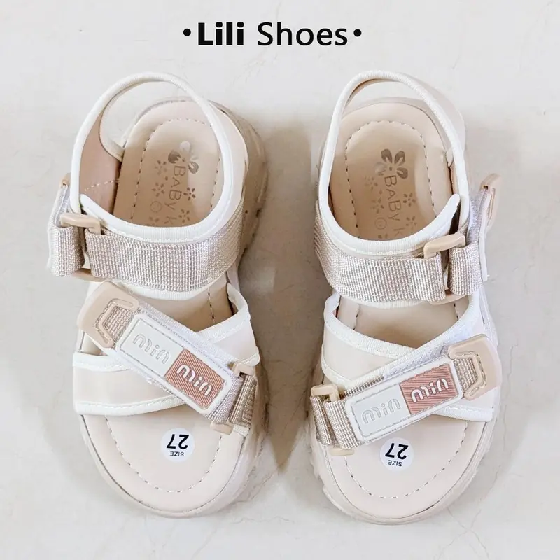 Size 27-34-Dép quai hậu đi học bé gái, đế chất PU bền nhẹ, quai da, phom đơn giản màu kem dễ phối đồ 2