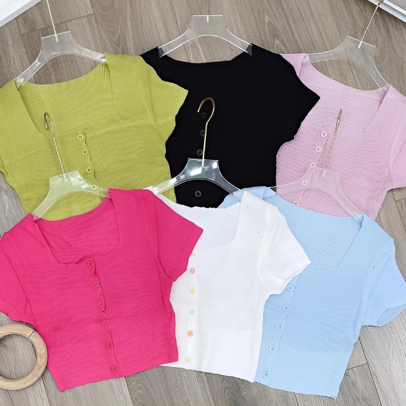 Áo Len Croptop Cổ Vuông baby tee che bắp Tay Phối Khuy Giữa - TQKA63 Nữ Đen Women