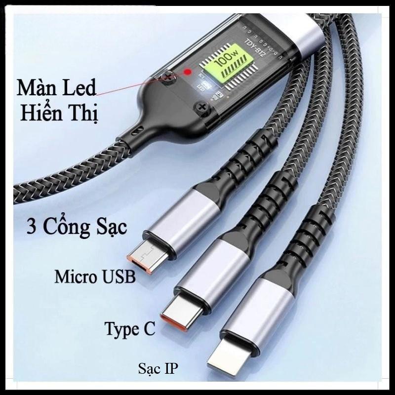 3 Đầu Dây Sạc Tự Ngắt 3 Đầu 100W Micro USB Type C IOS 3 trong 1 Dài 1m2 - Cáp sạc nhanh tuankietque2410 Phụ Kiện