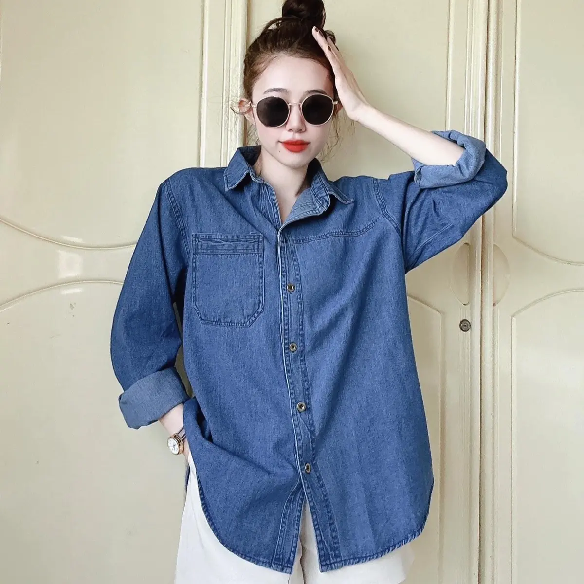 Áo Sơ Mi Bò Nữ Dài Tay Xinh Xắn Form Rộng Vừa, Sơ Mi Jean Tay Dài Nữ Phom Rộng Freesize