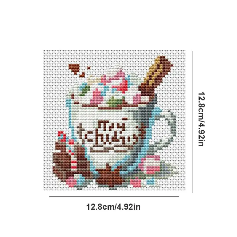 Coffee Cup Pattern Cross Stitch Kit for Beginners, 12pcs/set Cross Stitch Printed Canvas with Tools, Cartoon Needlework Craft for Home Decor 1
