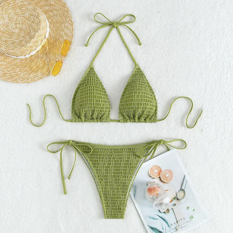 Áo Tắm Dây Đeo Spaghetti Cổ Yếm In Hình, Thời Trang Châu Âu Và Mỹ Bikini Gợi Cảm, Thiết Kế Xếp Ly Buộc Dây Tam Giác, Xẻ Đầu Nguồn Nước Nóng, Thích Hợp Cho Quốc Tế Thương 1
