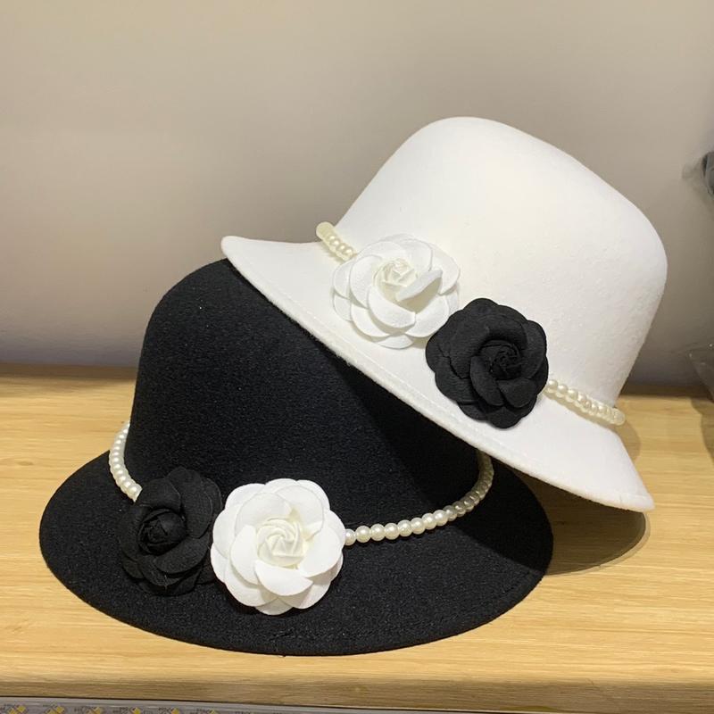  Mũ dạ cụp tiểu thư vành nhỏ phối hoa trà sang chảnh dành cho Women 