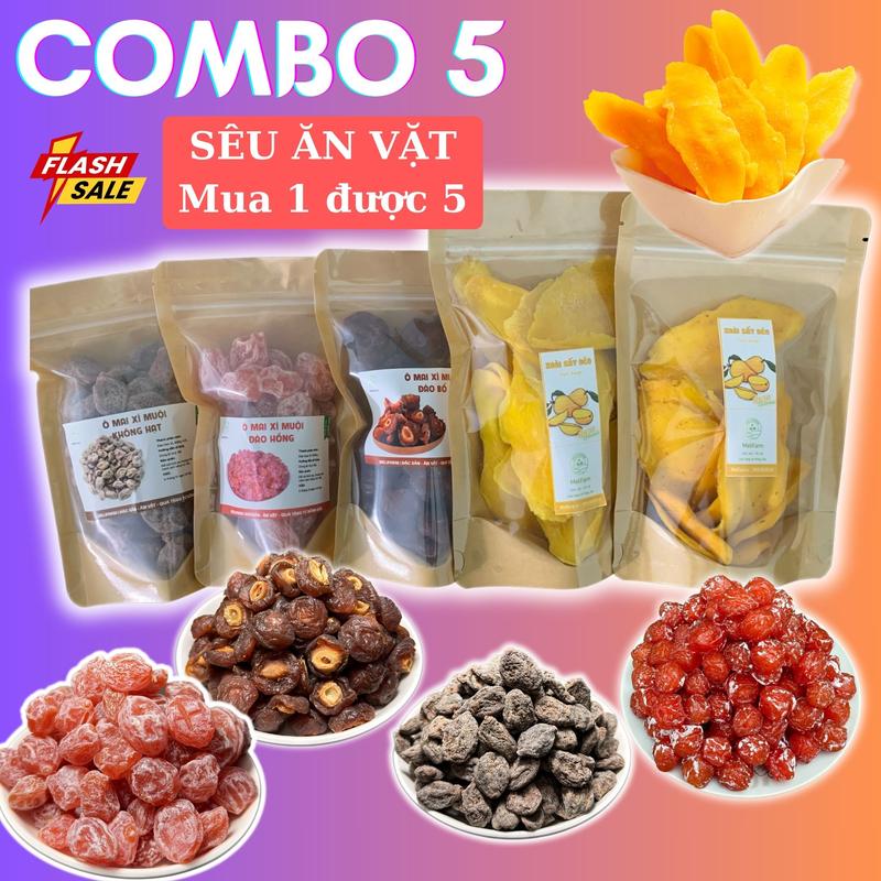 Combo 5 loại Xoài sấy dẻo và Ô Mai: Ăn Vặt Siêu Cuốn - Xoài sấy dẻo muối ớt, nguyên vị, Xí muội thịt, đào nâu, đào hồng, mận cơm đỏ, mận cơm nâu, nho khô chile 3 màu Chua Snack