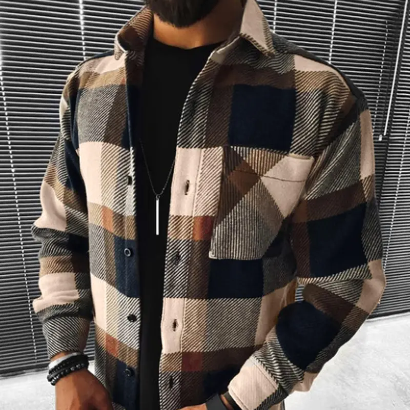 Cross-Border European and American New 2025 Spring and Autumn Long Sleeve Blue and White Plaid Long Sleeve Shirt Casual Stand Collar Pocket Shirt for Men Menswear Top Checked Wetsuit 2