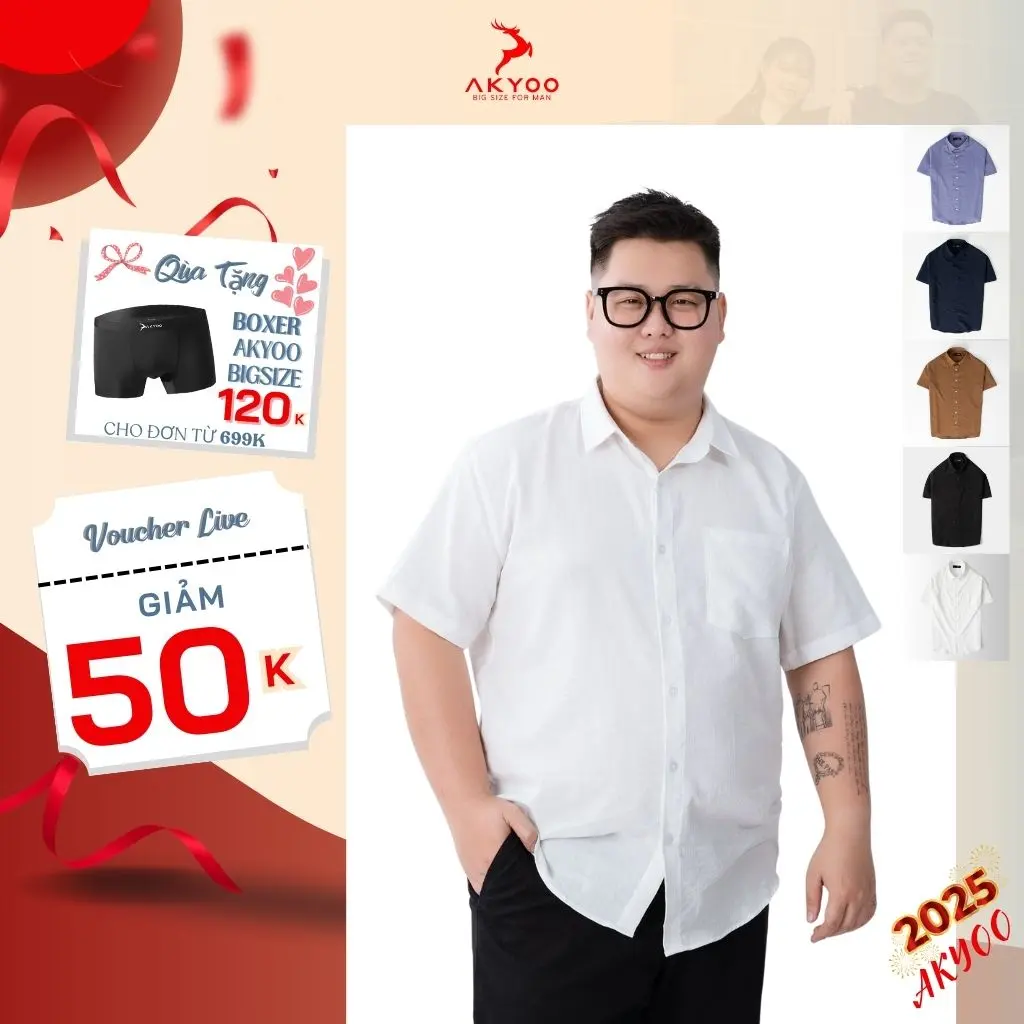 Áo sơ mi big size nam cộc tay AKYOO 80-130kg, vải đũi cao cấp Menswear Shirt Cổ Tròn