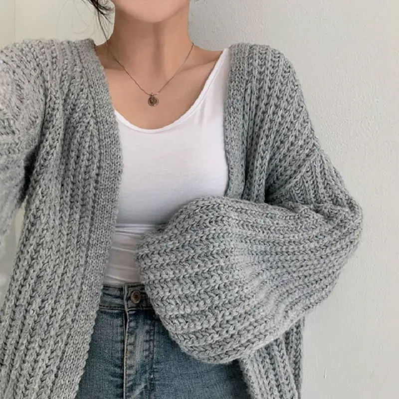 Thick Sweater Women Fall Winter Coat Ladies Lantern Sleeve Knitted Cardigan Pure Color All-Matching Idle Style Female Knitted Sweater Ladies Cardigan Women's Knitted Long-Sleeved Shirt