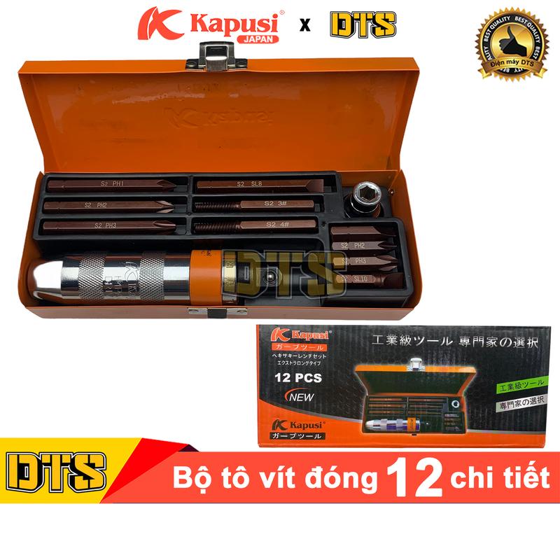 Bộ tô vít đóng đảo chiều cao cấp Kapusi JAPAN 12 chi tiết thép S2 cứng, có mũi vít nhổ ốc gãy, vặn ốc vít hư toét