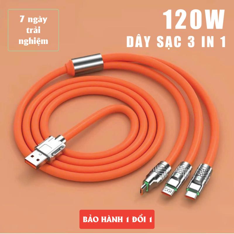 Cáp Sạc Nhanh 3 Đầu 120W Dài 1.2m. Cáp sạc hợp kim kẽm, có đèn LED, siêu bền - Dây sạc 3 in 1, Dây Sạc 3 Trong 1, Cáp sạc điện thoại