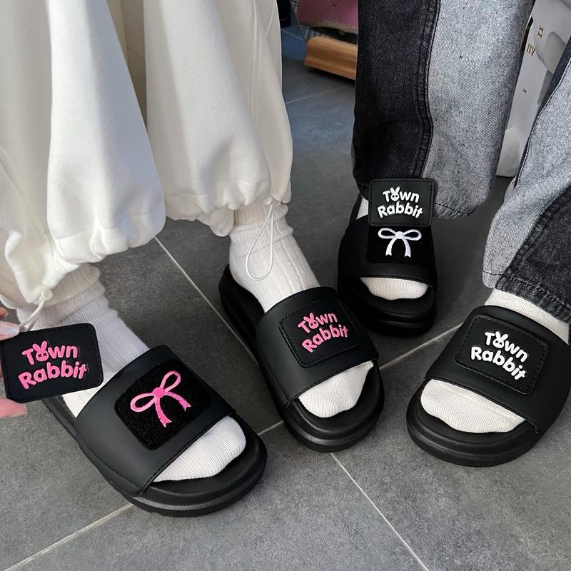 Dép thêu nơ x Rabbit Town xinh xắn kèm thẻ thay thế nhiều kiểu, đế cao 4cm / Kèm Hộp / Thẻ dán Dép nữ quai ngang,đế bằng slipper