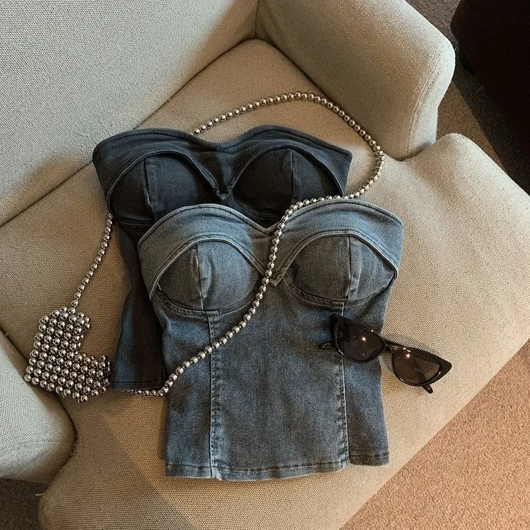Spicy Girl retro denim tube top WOMEN'S Summer 2024 New sweet cool all-match off-shoulder cropped top