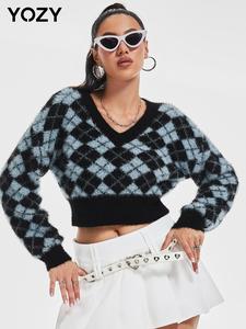 YOZY Women's Plaid Print Drop Shoulder Sweater, Casual Preppy Long Sleeve V Neck Knitwear For Fall & Winter, Women's Clothes