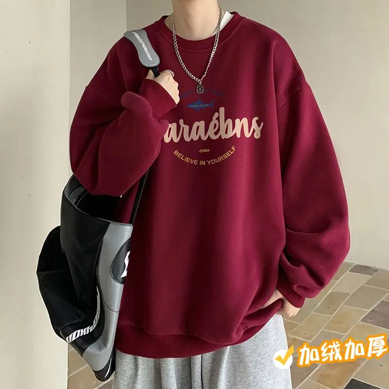 Áo Len Cổ Tròn, Màu Đỏ Rượu Vang, Dành Cho Nam Giới, Thích Hợp Cho Mùa Xuân, Mùa Thu Và Mùa Đông, Thương Hiệu Thời Trang Mỹ, Lông Cừu Dày Dặn, Dáng Rộng Vừa Vặn, Áo Khoác Bé Trai Nặng Menswear Hoodie Dài Tay Tay Dài