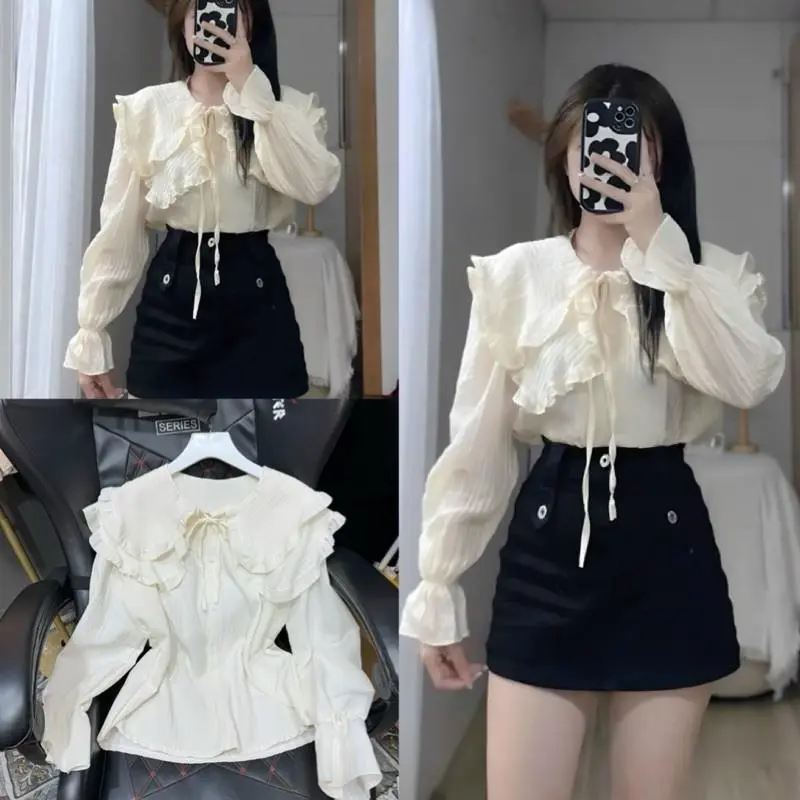 Áo sơ mi cổ bèo thắt nơ tay bồng chất đũi nhăn, Sơ mi nữ kiểu tiểu thư dài tay bánh bèo dễ thương phong cách ulzzang, YAN BOO