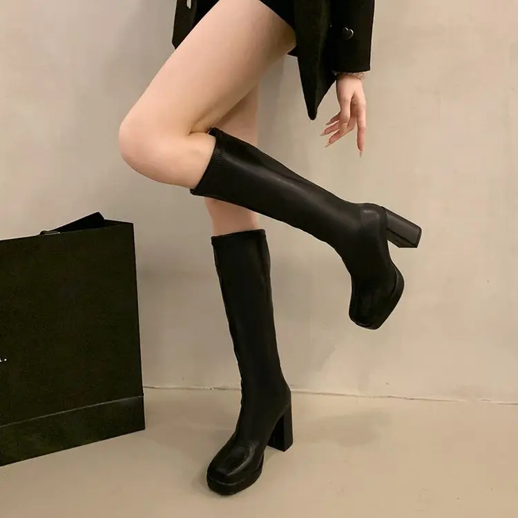 Slimming below the Knee Long Boots Female 2024 Autumn and Winter High Heel Small Tall Knight Boots Chunky Heel Stretch Thin Boots