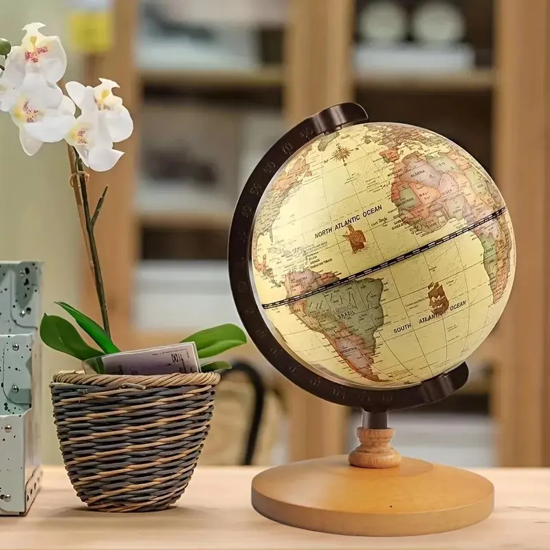 Vintage Wooden Globe, 1 Count Earth Map Globe, Retro Desktop Ornament, Office Desk Decor, Home Decoration, School Supplies, Stocking Fillers Gift 5