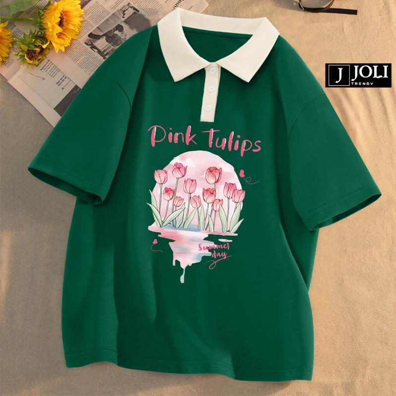 Áo Polo Nữ, Polo Unisex By JOLI Mã PL PinkTulips Form Rộng Tay Lỡ Cho Nam Nữ Top Cotton 3