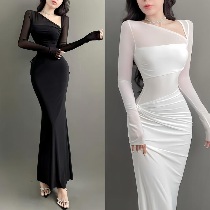 V1885 Đầm Body Nữ Thiết Kế EMME Cổ Chéo Phối Bèo Xếp Ly Dây Rút Dáng Dài Lài Đuôi Cá Cách Điệu Women Dress - Thanh Tự Nhung Voan Đen