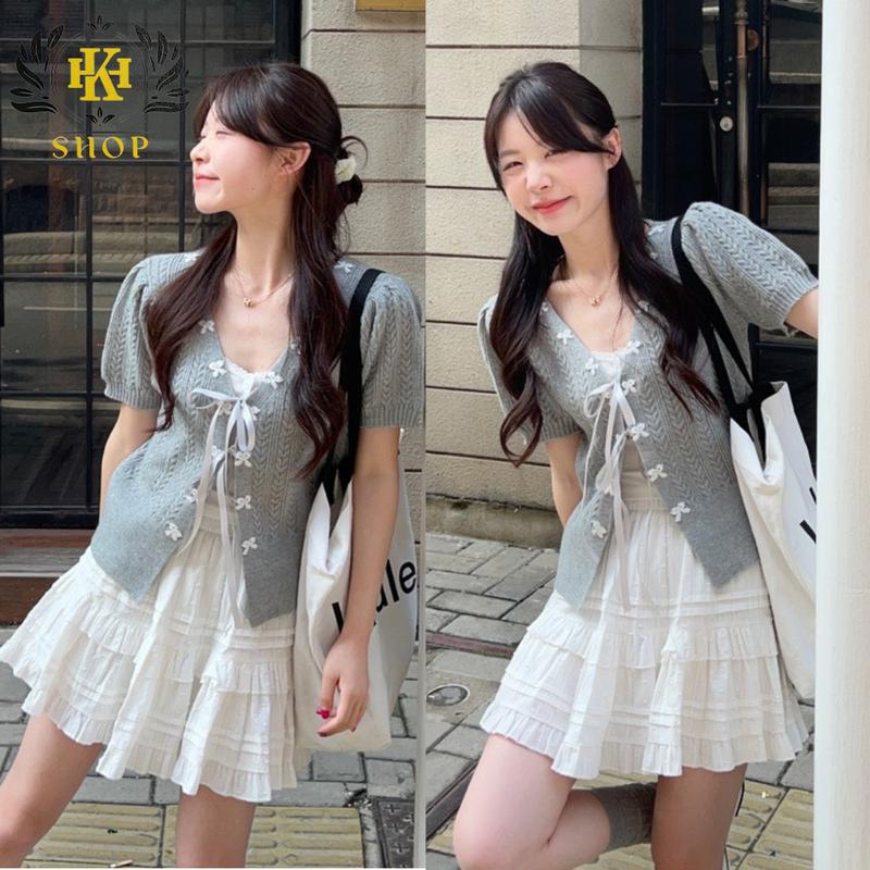 Set Váy Nữ - Set 3 Món Áo 2 Dây Kèm Áo Cardigan Mix Với Chân Váy Có Lót Bảo Hộ Chất Vải Đũi Bông QC Áo Khoác Chất Tăm
