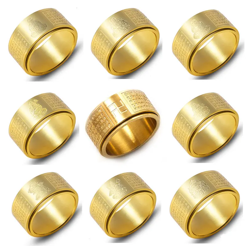 Chinese Style Zodiac Ring with Swastika Heart Sutra Stainless Steel Vintage Ring Rotatable Ring Titanium Steel Rotating Ring Factory