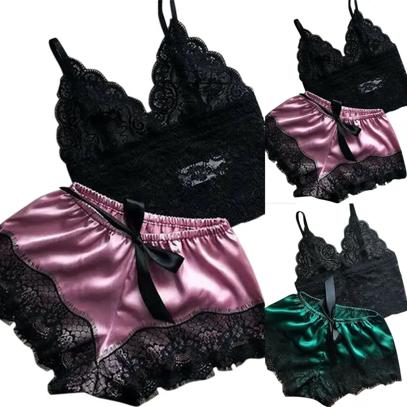 Set piyama renda wanita, 2 helai, pakaian tidur, Pakaian dalam, baju atasan dan seluar pendek, Babydoll Ungu