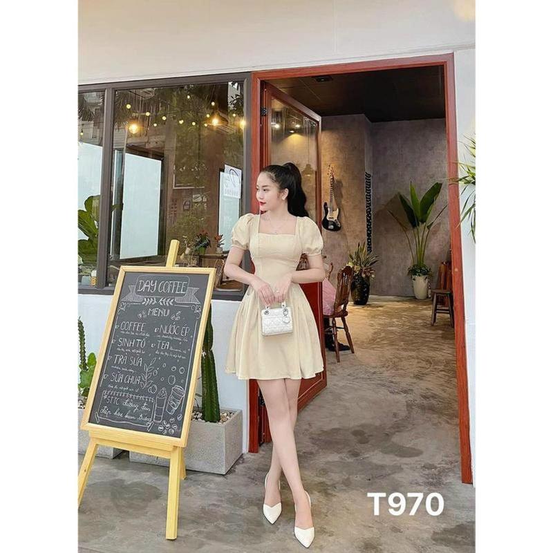 Đầm xoè nữ tay phồng cổ vuông có mút dự tiệc dạo phố xếp ly vải for  KEM 8