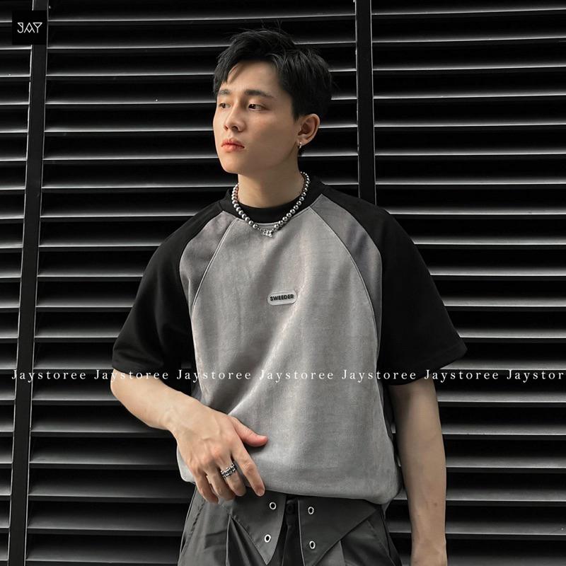 Áo thun tay lỡ vải da lộn DATO màu ĐEN/XÁM - áo phông phối màu form rộng unisex nam nữ/ Jaystoree Menswear Cổ Tròn