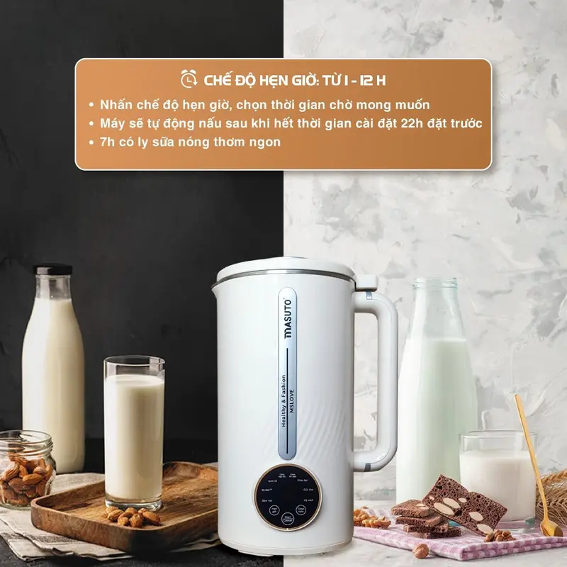 Máy làm sữa hạt Masuto 1L xay các loại hạt siêu nhuyễn mịn chống trào, bảo hành 12 tháng Xay Sinh Tố Inox 1