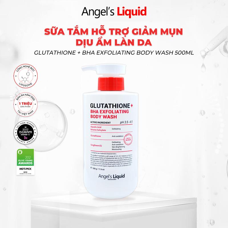 LIVE Sữa Tắm Hỗ Trợ Giảm Mụn Dịu Ẩm Làn Da Angel's Liquid Glutathione + BHA Exfoliating Body Wash 500ML