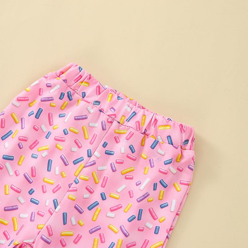 Product Introduction of Kids Girls T-shirt Trousers Set Letter Doughnut Print Short Sleeve Tops and Casual Flare Pants Headband Outfit 39