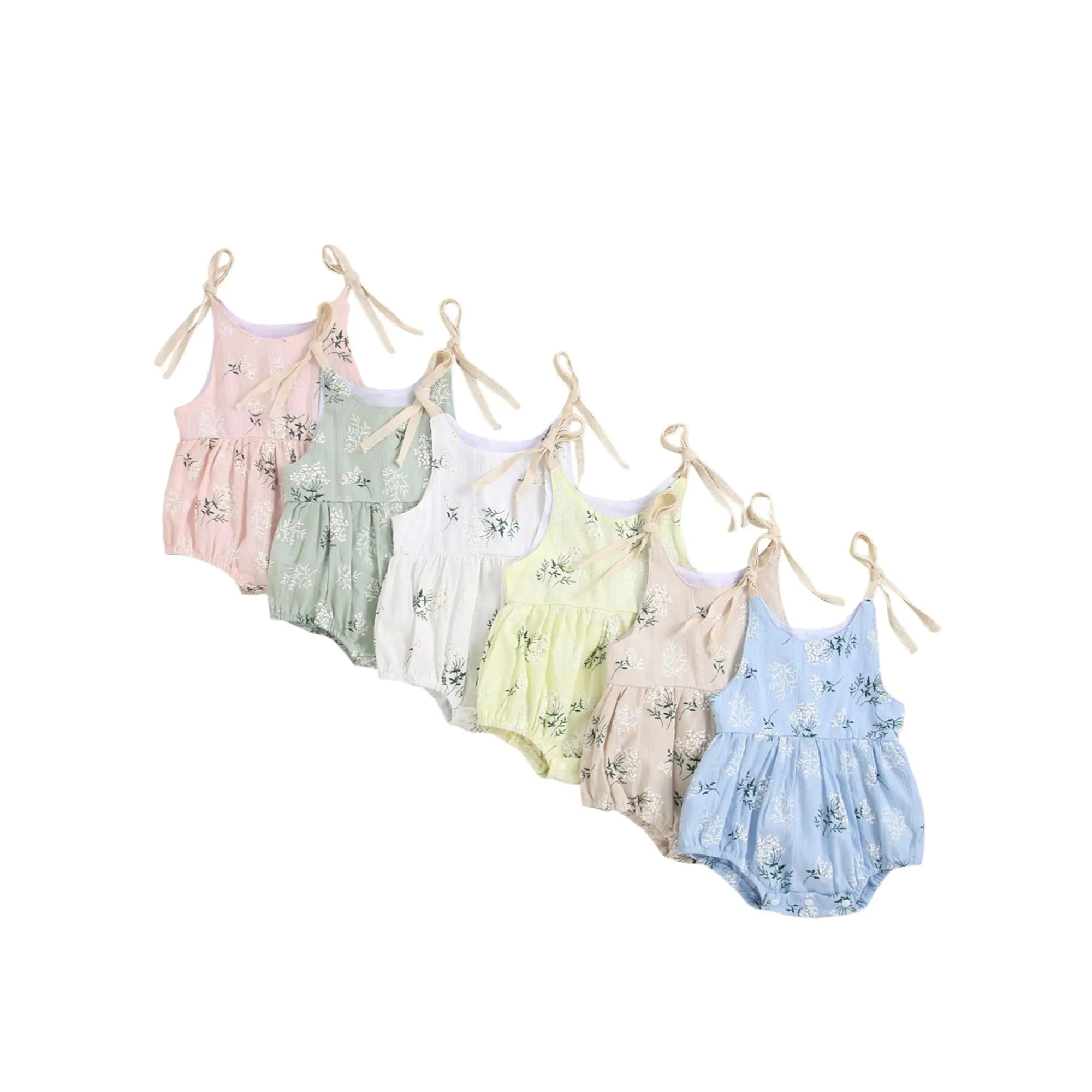 Newborn Summer Sleeveless Romper, Baby Girls Tie-up Plant Pattern U-shaped Neck Playsuit