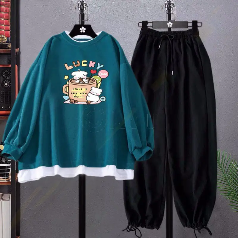 FREESHIP Sét áo nỉ phối gấu trắng Cún Lucky và quần bom chun,Áo nỉ Unisex from rộng, thiết kế phong cách hàn quốc   Geme Fashion 1