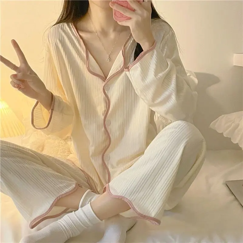 Bộ Đồ Ngủ Quần Dài Tay, Phong Cách Tối Giản INS, Dành Cho Nữ, Mùa Xuân Và Mùa Thu, Phong Cách Hàn Quốc, Áo Cardigan Ngọt Ngào Màu Trơn Bộ Đồ Mặc Nhà Người Nổi Tiếng Trên Internet, Thích Hợp Cho Bé Gái