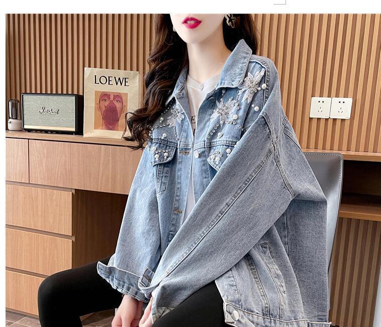 Product Introduction of 2024 Spring and Autumn New Design Heavy Rhinestone Denim Jacket for Women with Turn-down Collar Loose Korean Style Versatile Jacket Top 8