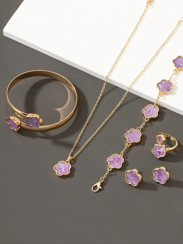 Women's Elegant Flower Design Jewelry Set, Including Pendant Necklace & Bracelets & Ring & Stud Earrings, Fashion Jewelry Set for Party, Daily Decor, Trendy All-match & Exquisite Jewelry for Birthday Gift 2