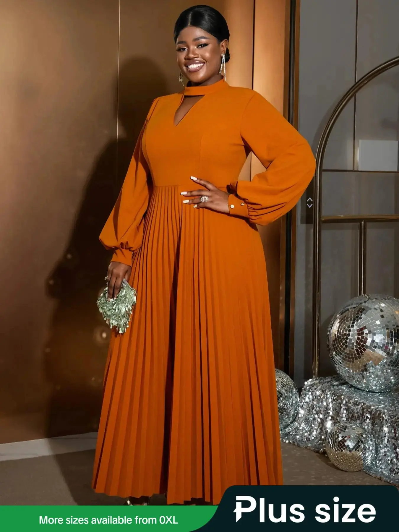【Plus Size】 Plain Cut Out Lantern Sleeve Pleated Hem Dress, Elegant Mock Neck Long Sleeve A Line Maxi Dress for Party Holiday Wedding Guest, Women's Plus Clothes for All Seasons, Dresses for Party