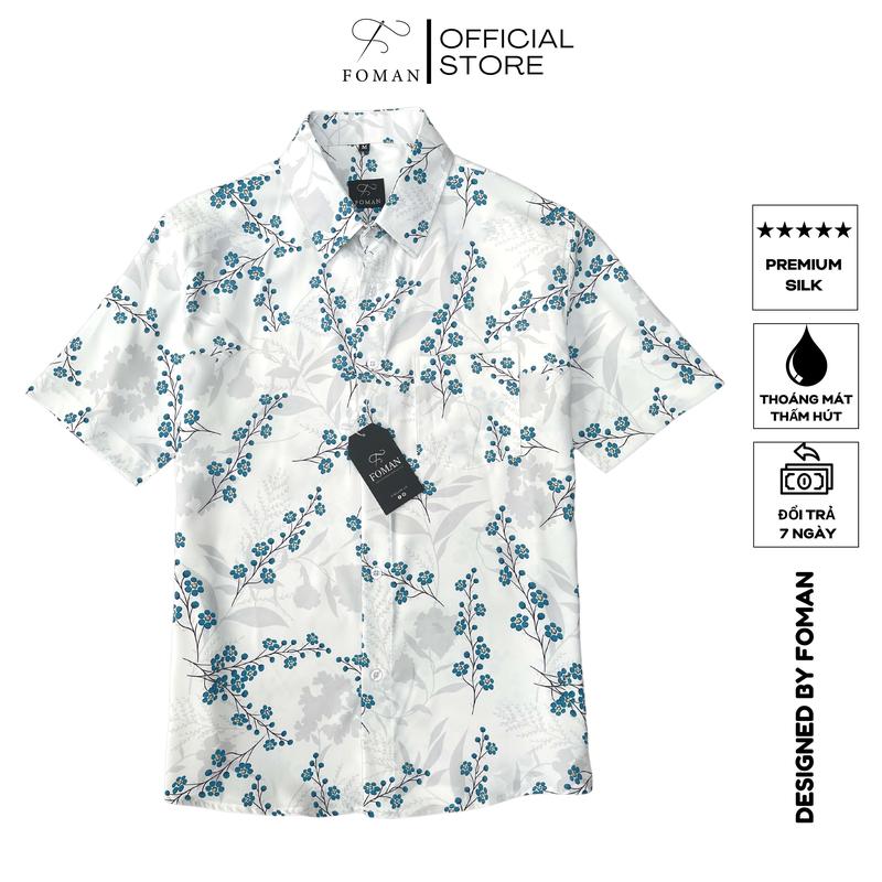 Áo Sơ mi Nam Hoạ tiết Hoa Thanh Liễu Wax Flo FOMAN tay ngắn vải Lụa, thấm hút, thoáng khí, chống nhăn, chống nhàu (FM46) đầy màu sắc sang trọng áo ngắn tay màu be nền tảng