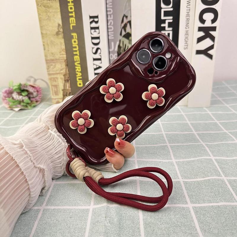 Product Introduction of 3D Flower Pattern Phone Case with Lanyard, Decorative Phone Protector Cover, Phone Accessories Compatible with iPhone 16 15 14 13 12 11 XS Max Series 1
