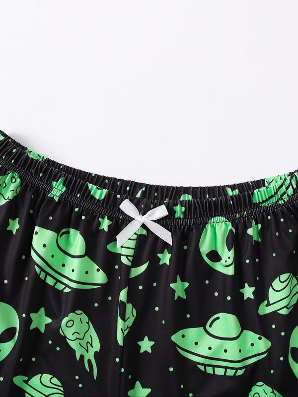 Two-Piece Set Women's All Over Moon Alien Print Crop Cami Top & Bow Decor Shorts Pyjama Set, Lettuce Trim Camisole & Elastic Waist Shorts PJ Set, Casual Comfortable Sleepwear Set for Women 3