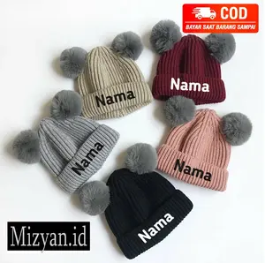 Topi Bayi Pompom Jambul 2 Gratis Nama Anak 0-2 Tahun Bordir Terbaik Abu Biru Hitam Pink Putih merah hijau marun Perempuan Laki Laki
