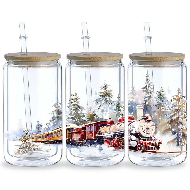 Christmas Steam Train Pattern Glass Cup Sticker, 5 Counts/set Waterproof Punk Transfer Sticker, Decorative Sticker for 16oz Glass, Cups, Crafts 6