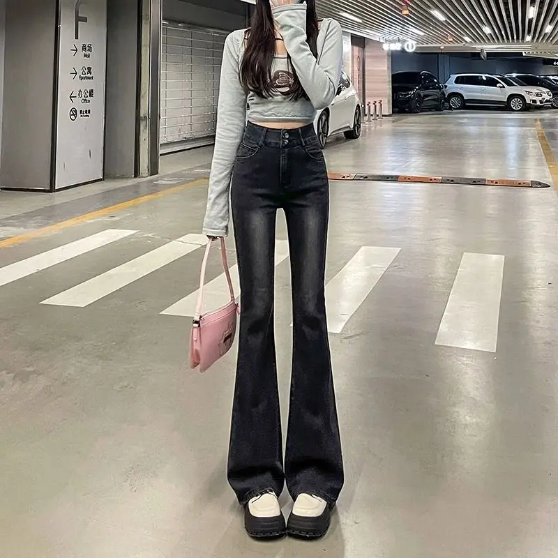 Quần Jean Bootcut Cạp Cao Màu Xám Đen, Dành Cho Nữ, Bộ Sưu Tập Xuân Thu, Hàng Mới Về Cho Mùa Thu / Đông, Ôm Sát, Quần Legging Dễ Phối Đồ Ins, Năm 2024 Women Lưng Cao Pants 0