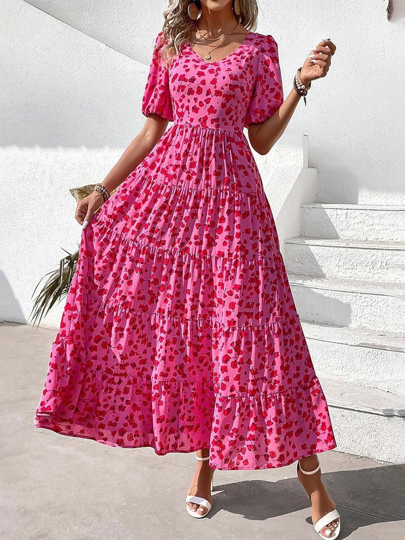 Product Introduction of Women's Ditsy Floral Print Puff Sleeve Shirred Tie Back A Line Dress, Boho Fashion Backless Ruffle Hem Long Dress for Daily Holiday Vacation Wear, Ladies Dress for Spring Fall 1