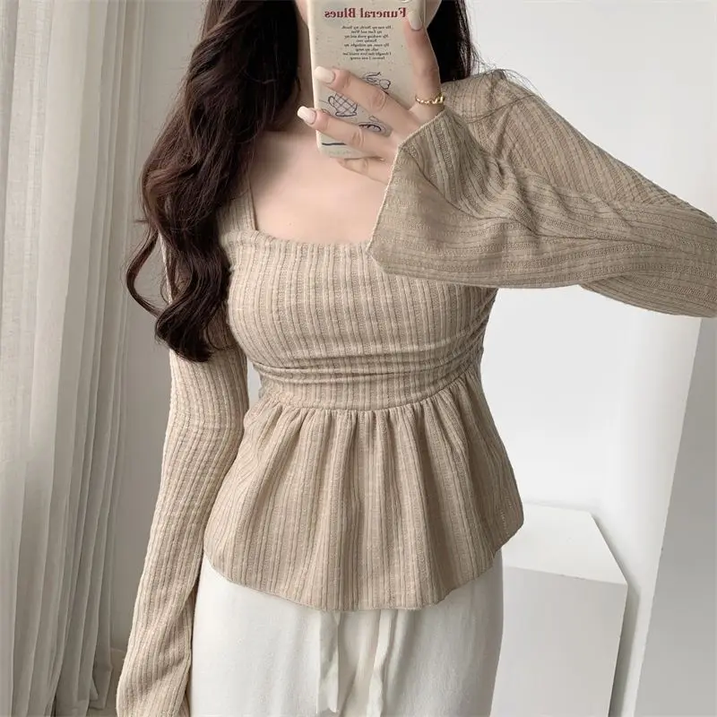 Red Gaya keinginan murni hot girl square collar long-sleeve t-shirt wanita musim gugur dan musim dingin terompet lengan bottoming shirt dengan slim fit slim belly cover top