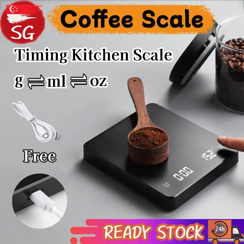 SG-Stock LED Coffee Scale Mini Timing Kitchen Scale USB Rechargeable 3kg Max Capacity 0.1g Graduations Kitchen Weighing Scale