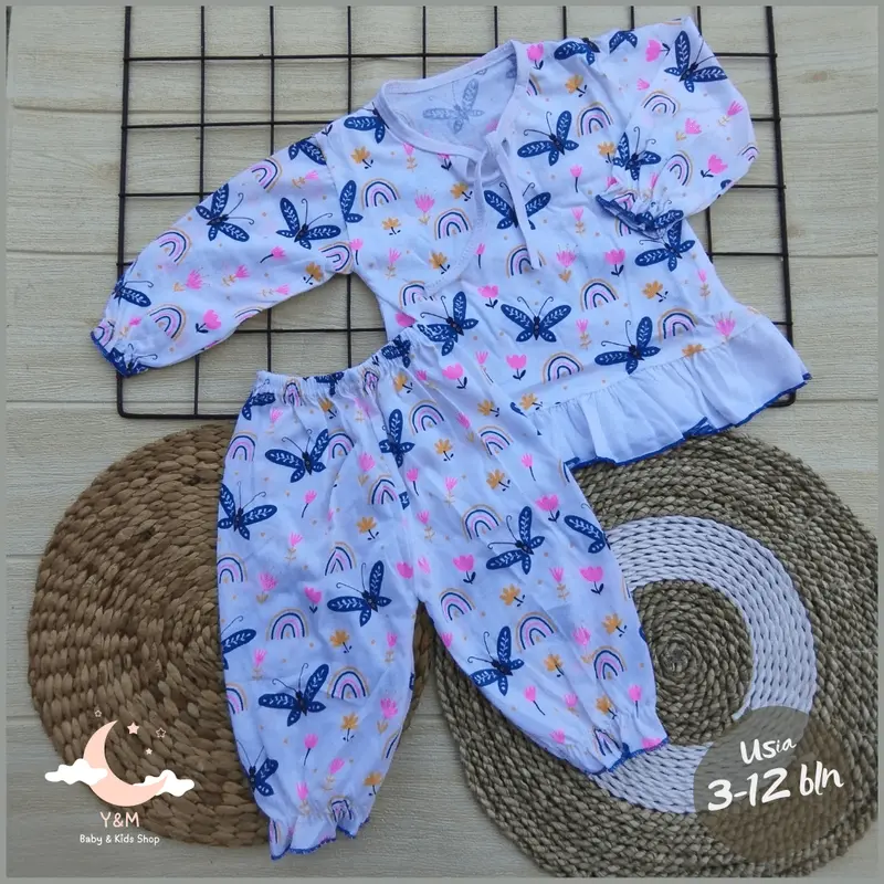 Y&M BABY - Baju Celana Setelan Piyama Bayi Perempuan Kancing Depan Usia 3-12 Bulan Motif Butterfly Karatkter Lucu Baju Tidur Bayi Cewe 6-12 Bulan 2
